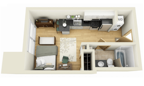 Floor plan for studio, 1 bath, 364 sqft